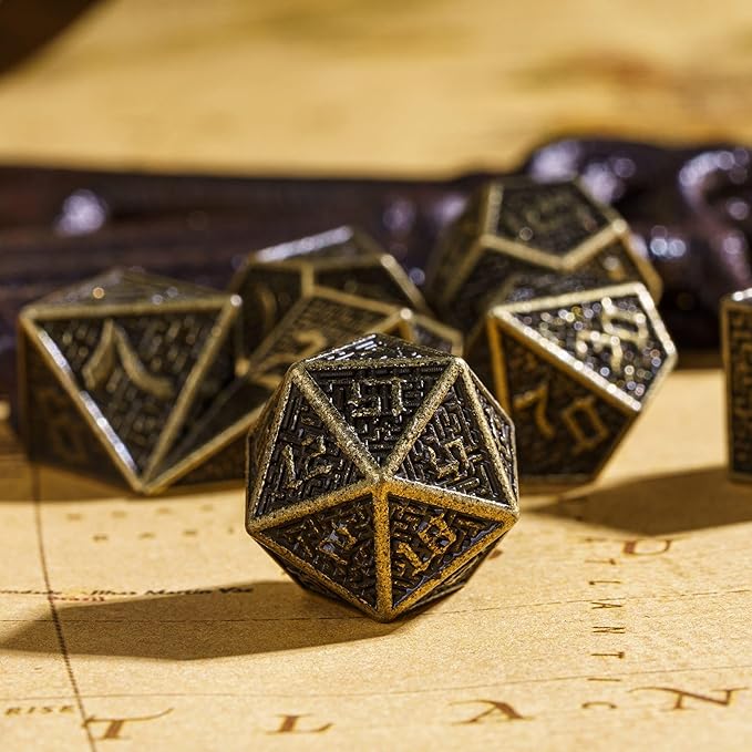 UDIXI Metal Dice Maze Carved DND Dice Set D&D 7PCS Bronze Role Playing Dice with Leather Pouch for Dungeons and Dragons Tabletop Dice Games