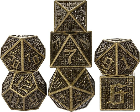 UDIXI Metal Dice Maze Carved DND Dice Set D&D 7PCS Bronze Role Playing Dice with Leather Pouch for Dungeons and Dragons Tabletop Dice Games