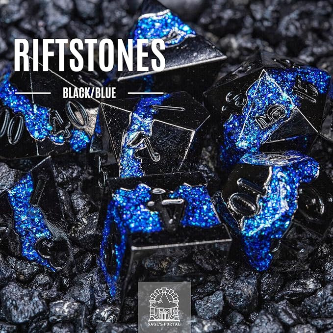 Sage's Portal Metal Riftstone DND Dice 7-PC Polyhedral Dice Set for DND TTRPG Dungeons and Dragons Pathfinder Oversized Designer Dice (Gloss Black/Blue)