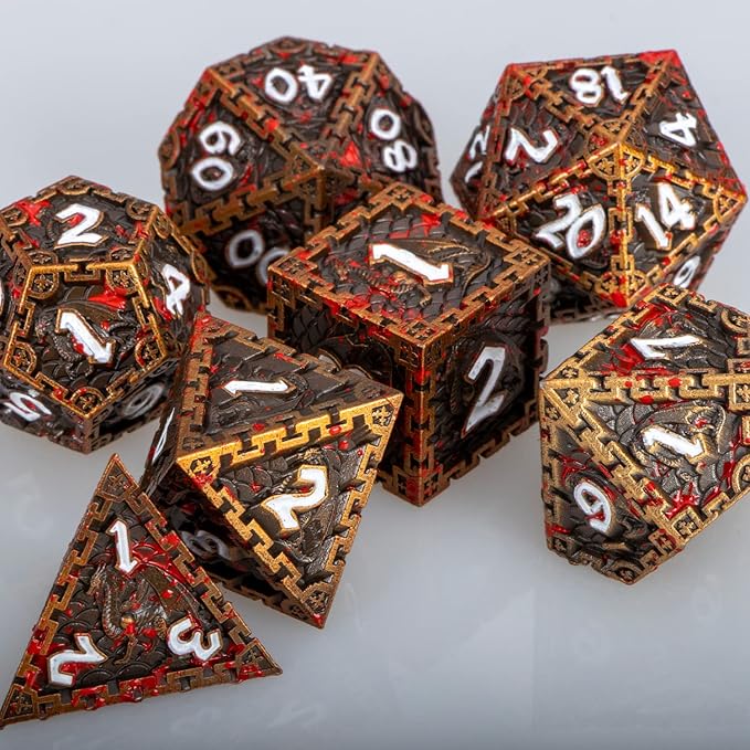 ARUOHHA 7PCS DND Metal Dice Set Antique Gold Blood Polyhedral Dice Set with Gift Box, RPG Role Playing Dice 6 Sided D and D Dice D20 D12 D10 D8 D6 D4