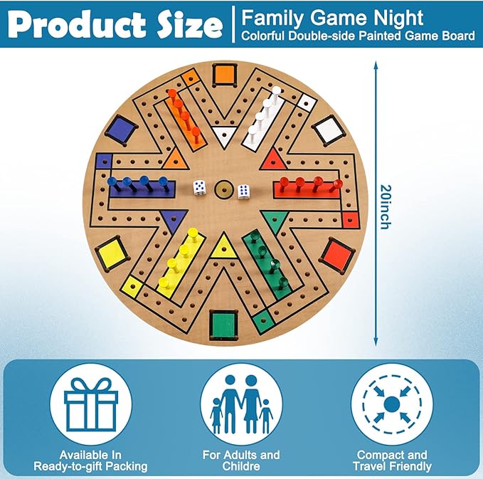 Kathfly Fast Track Board Game Wooden 3-6 Players Board Game Set with 24 Board Game Pieces and 2 Dice, Fast Track Game Night for Adult Teens Family Game, 6 Colors(19.7 Inch)
