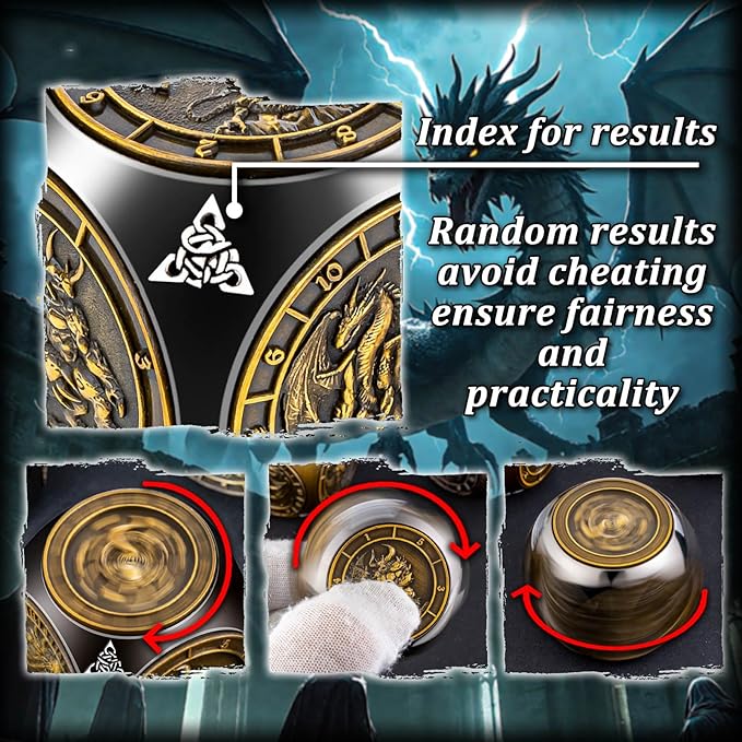 7 in 1 Spinner DND Dice Set, Metal D and D Dragon Dice with Gift Box, Role Playing Dice, Black Gold