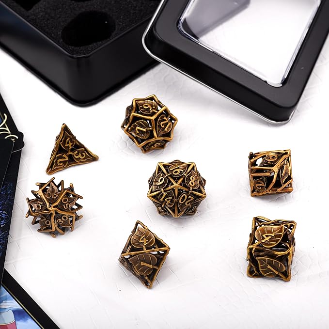 AUSTOR 7 Pieces DND Dice Set Leaf Metal Hollow Polyhedral Dice D20 D12 D10 D% D8 D6 D4 with Metal Box for Dungeons & Dragons RPG Board Games(Antique Gold)