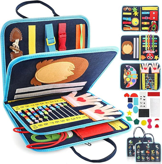 Montessori Busy Board Toys, Sensory Board for Toddlers 1-3, Travel Felt Busy Book for Airplane Car, Activity Busy Mat for Learning Fine Motor Skills Suits Boys Girls Birthday Gifts Blue/P2