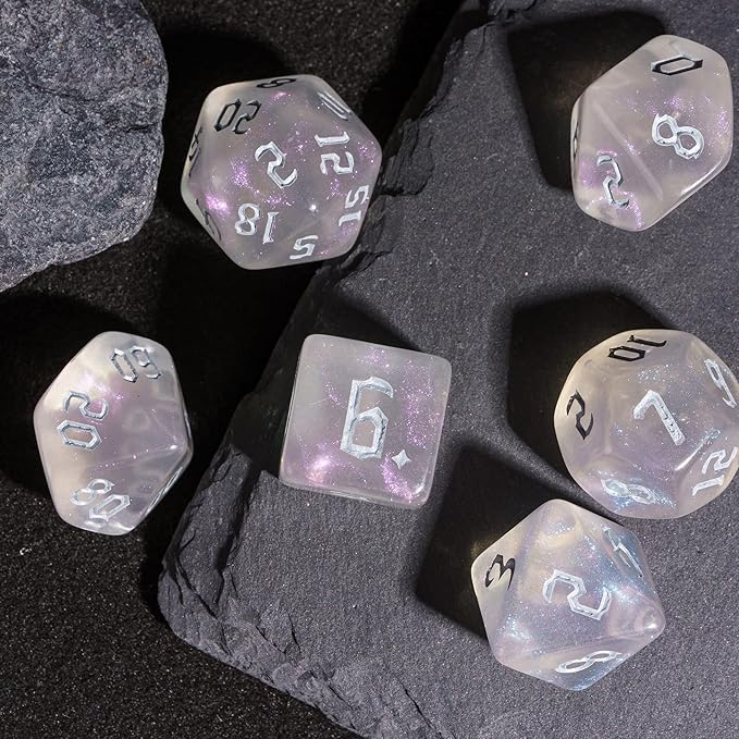 7-Die DND Dice Set Polyhedral Dice Set with Leather Bag D&D Dice Set for Dungeons and Dragons RPG MTG Table Games (Transparent w/Glitter)