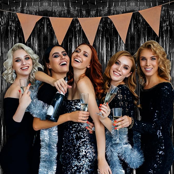 10 Pack Black Party Streamers Backdrop Tinsel Foil Fringe Curtains Halloween Birthday Party Decorations Graduation Wizard Party Supplies