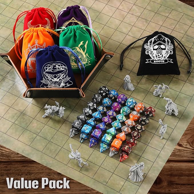 D&D Dice Set with Characters Pattern Dice Pouches, 42 Pcs polyhedral dice Set, PU Leather and Velvet dice Tray for Dungeons and Dragons D&D RPG MTG Table Games