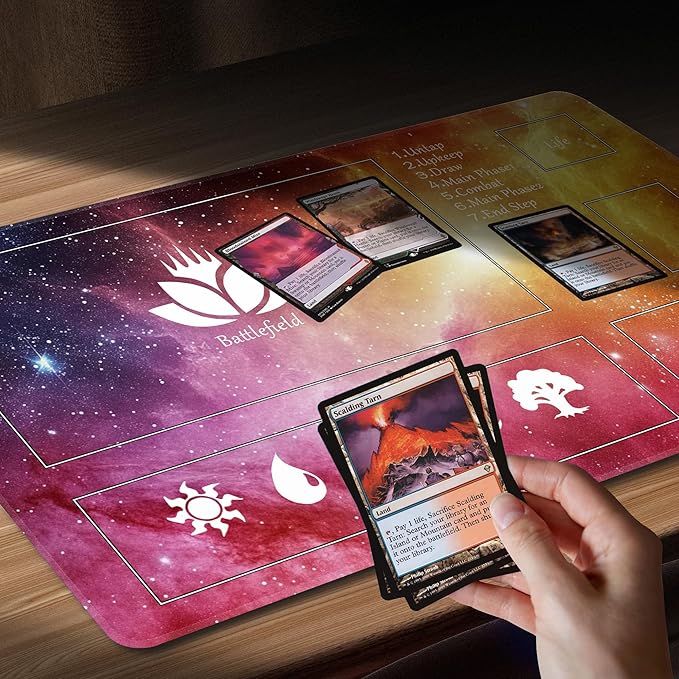 MTG Playmat Stitched with Magic Zone Non-Slip Rubber Backing Printing Commander Board Game Desk Mat Duel Mat TCG PTCG Playmat 24x14 inches and Free Storage Bags (Red Starrysky)