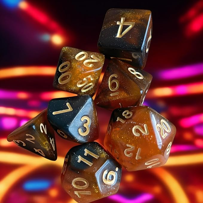 Polyhedral Dice Set, 7 PCS Dice Kit of D4 D6 D8 D10 D% D12 D20 Compatible with Dungeons and Dragons DND TTRPG MTG Table Role Playing Games(Black & Orange Nebula+Glitter)