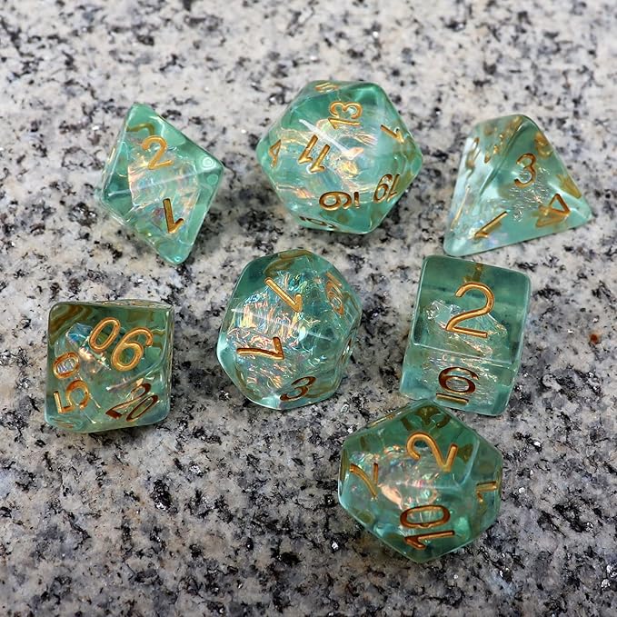 Haxtec Light Green DND Dice Set 7PCS Filled Resin Polyhedral D&D Dice W/Iridescent Mylar Inclusion for Roleplaying Games Dungeons and Dragons Gift