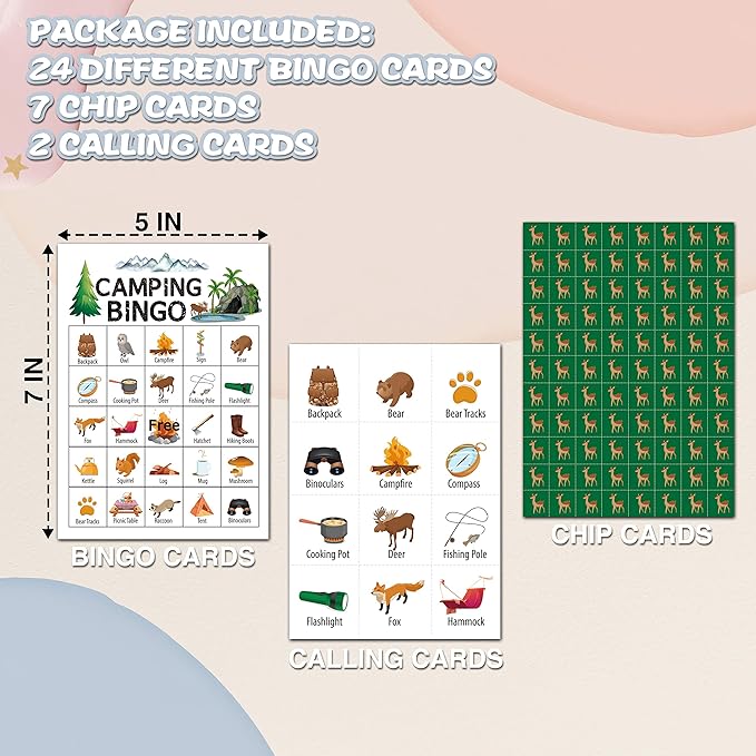 Camping Bingo Cards, Campground Activity for Adults, Camp Theme Game for 24 Players, Outdoor Adventure Bingo Game Cards, Camping Party Favors Supplies Decorations(A01)