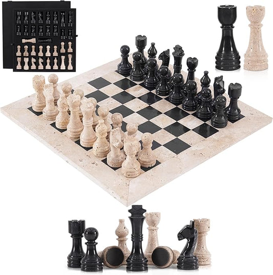 Marble Chess Set 15 Inch Travertine & Black Checkers Board Game with Pieces, 2 Extra Queens and Storage Box, Strategy Set for Adults & Family, Travel, Tabletop Play
