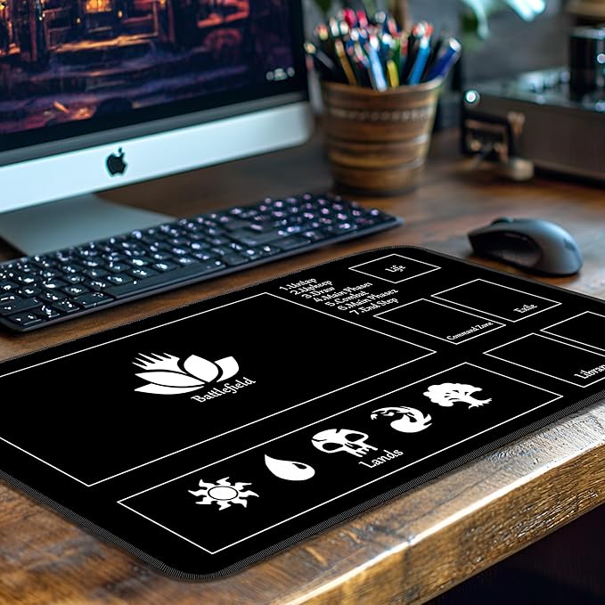 MTG Playmat Stitched with Magic Zone Non-Slip Rubber Backing Printing Commander Board Game Desk Mat Duel Mat TCG PTCG Playmat 24x14 inches and Free Storage Bags (Black)