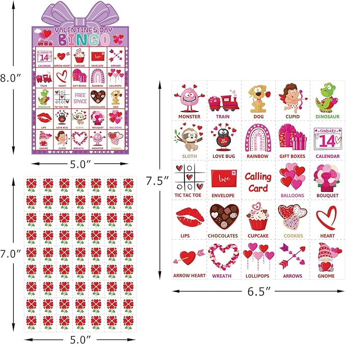 Fancy Land Valentines Day Bingo Game for Kids 24 Players Die-Cut Valentine’s Day Classroom Party Activities Game