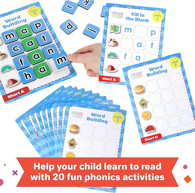 Barnacle Toys Lunchbox Letter Tiles & Games for Kids Ages 4-8, 80 Magnetic Letters, 20 Literacy Games, Spelling Board