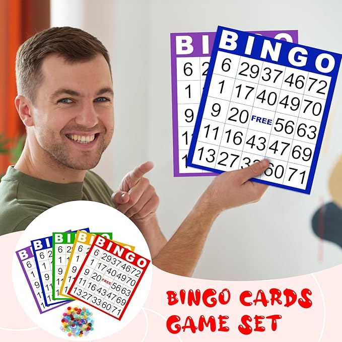 50 Sheets Double-Sided 8’’×9’’ Large Bingo Cards for Seniors Jumbo Bingo Cards and Chips Colorful Paper Sheets Deluxe Game Set with Colorful Transparent Chips Game Supplies for Adults Party Games