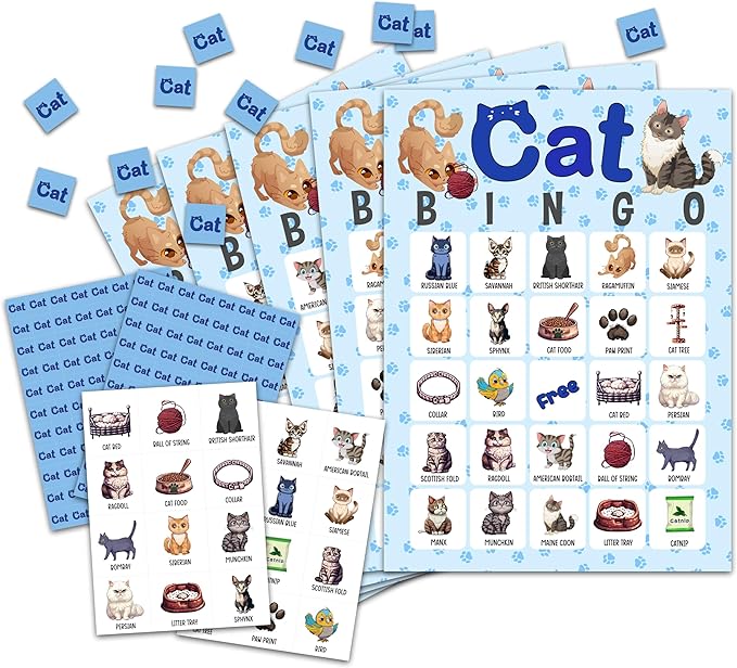 Cat Bingo Card Game, Kitten Bingo Game for Adults, Cat Party Supplies, Favors, Pawty Party Decorations, Cat Lovers Gift – 24 Players Bingo Game, C08