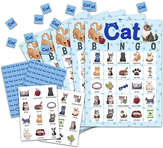 Cat Bingo Card Game, Kitten Bingo Game for Adults, Cat Party Supplies, Favors, Pawty Party Decorations, Cat Lovers Gift – 24 Players Bingo Game, C08