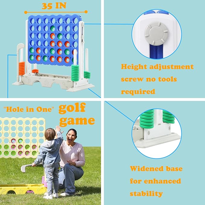SDADI Height Adjustable Giant 4-in-a-Row Game, 2-in-1 Jumbo 4-to-Score with Golf Set, Indoor/Outdoor Fun for Kids, Adults, and Family, White