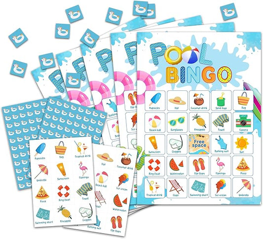 Pool Party Bingo Card Game, Summer Bingo Game for Adults, Pool Party Supplies, Favors, Beach Party Decorations, Pool Birthday Games – 24 Players Bingo Game, C12