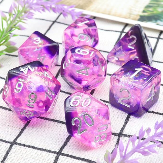 Haxtec DND Dice Set Purple Resin Polyhedral Dice with Iridecent Mylar Inclusions for D&D Dungeons and Dragons TTRPG Gifts