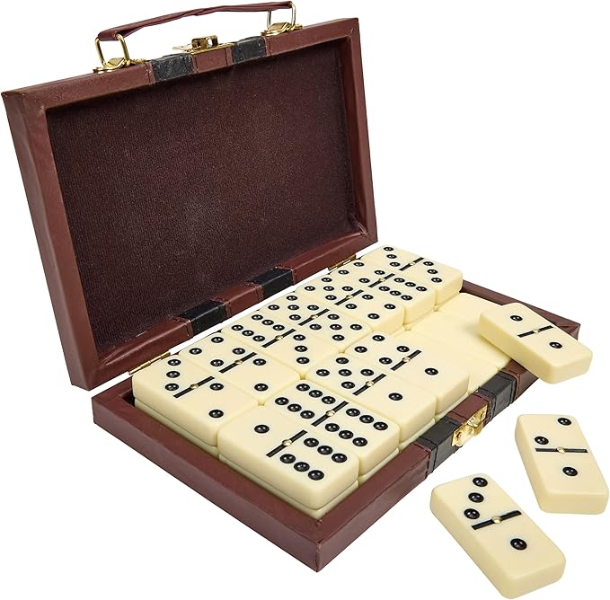 Dominos Set for Adults and Kids, Large Jumbo Double Six Dominoes Set with Spinner, Extra Thick Ivory Big Dominoes in Wooden Case, Family Game