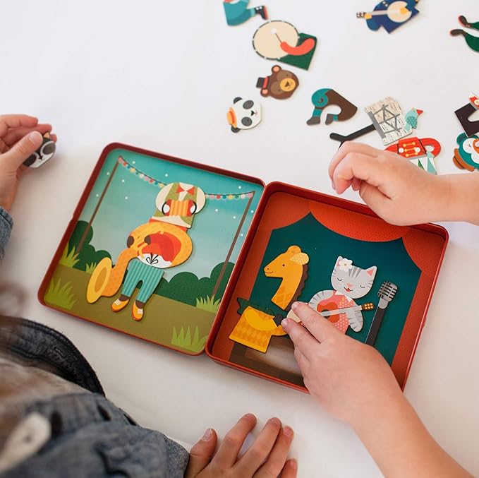 Petit Collage Magnetic Play Set, Animal Band – Mix & Match Magnetic Game Board, Ideal for Ages 3+ – Includes 2 Magnetic Scenes and over 25 Magnet Pieces, Ideal Travel Activity for Kids