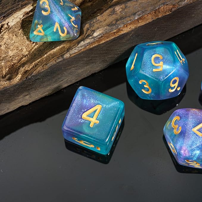 7-Die DND Dice Set Polyhedral Dice Set with a Leather Dice Bag, D&D Dice Set for Dungeons and Dragons, RPG, MTG Table Games (Purple Cyan/Glitter)
