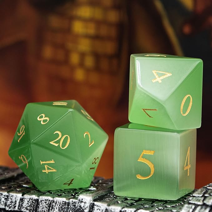 UDIXI Natural Gemstone DND Dice Set, 7PCS Handmade Crystal Stone Dice Set D&D for Dungeons and Dragons Role Playing Game and Tabletop Games (Green Cat's Eye)