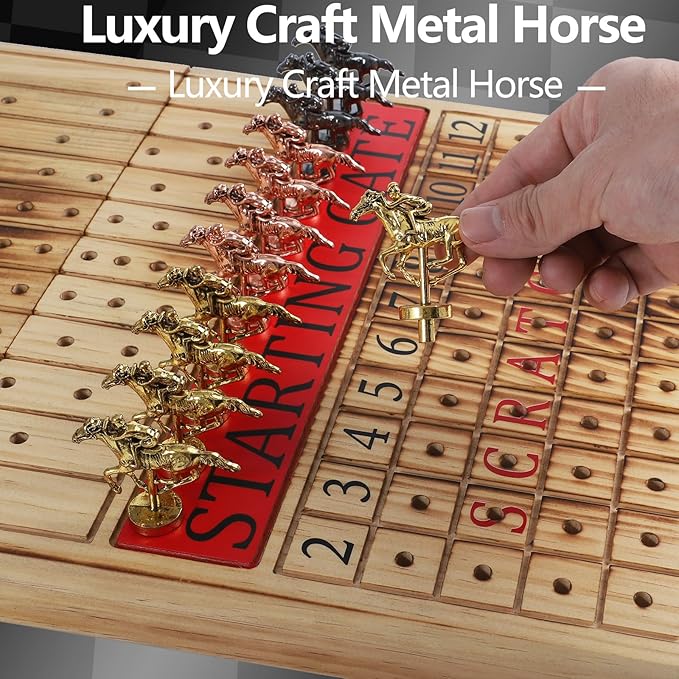 Wooden Finish Line Horse Racing Board Game Equipped with 11 Luxury Metal Craft Horses Adult Chessboard Including 2 Dice and 2 Boxes of Cards Folding Box Game Board (Light Flame)