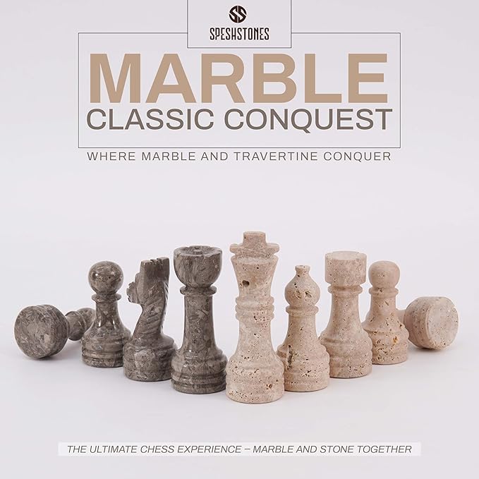 Marble Chess Pieces 3.5 Inch Travertine and Oceanic Stone Figures for Adults and Family, Classic Board Games Accessories for Checkers, Draughts, and Travel Strategy Play