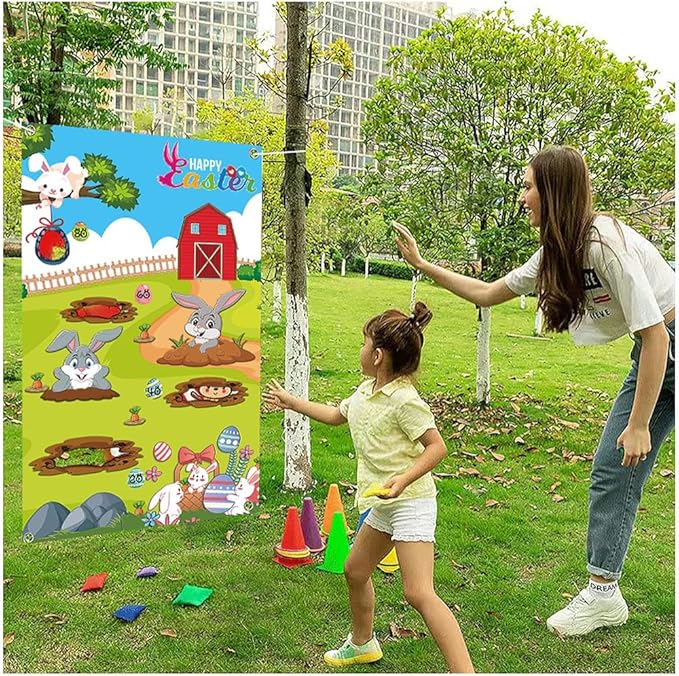 Upgraded, Easter Games, Funny Bunny Toss Game, with 4 Bean Bags, Premium Banner and Accessories, Easter Party Games for Kids Adults Family Outdoor, Party Activities Supplies