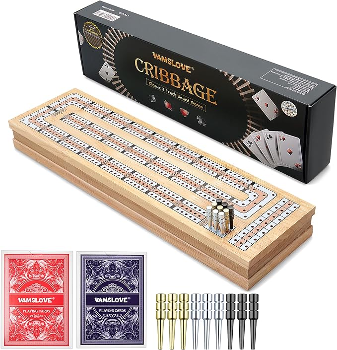 Vamslove Magnetic Cribbage Board 15'' Wooden Folding 3 Track Game Set, w/Instruction, Storage Slots for 2 Playing Cards/Pegs, Card Games for Travel Family Night