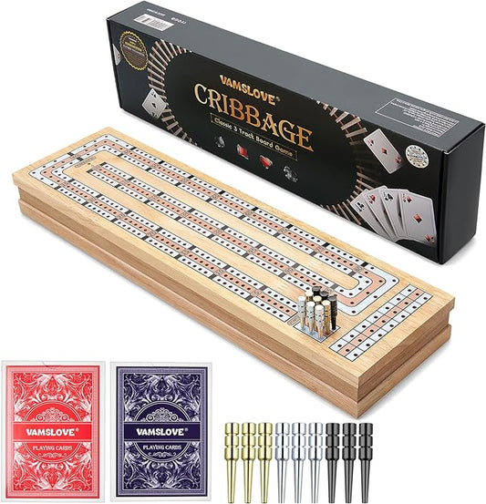 Vamslove Magnetic Cribbage Board 15'' Wooden Folding 3 Track Game Set, w/Instruction, Storage Slots for 2 Playing Cards/Pegs, Card Games for Travel Family Night