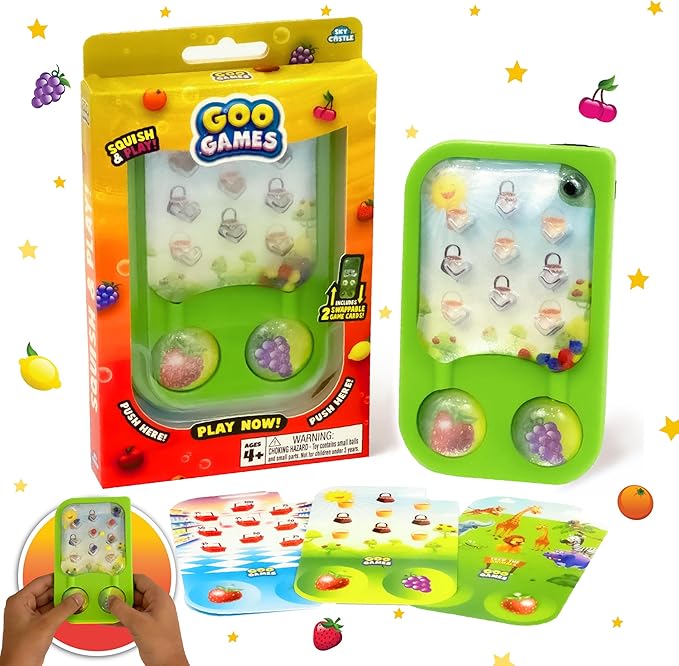 GooGames, Hand-Held Water Games with Floating Treasures, Sensory Fidget Game Adventures, Non-Toxic, No-Mess, Mesmerizing Glitter Fun, 3 Game Cards Included, Refillable, Perfect Travel Toy! (Fruits)