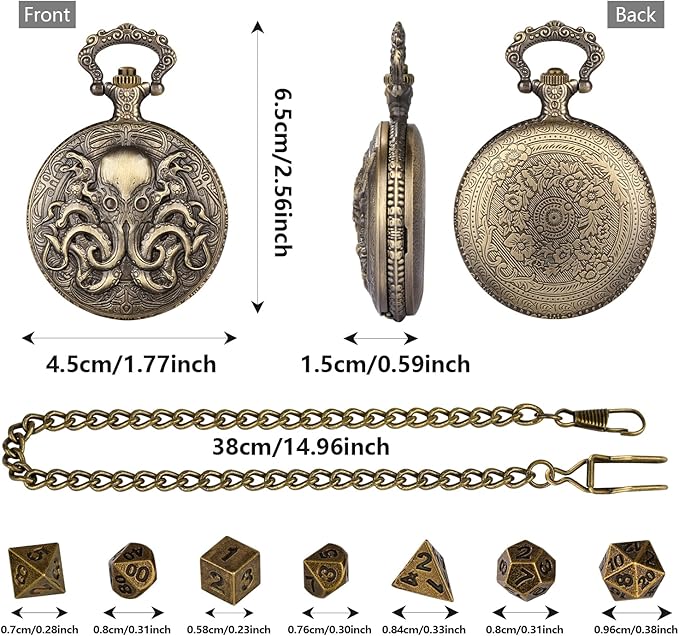 Mini DND Dice Set with Steampunk Double Eyed Octopus Pocket Watch Case, Tiny 7PCS Polyhedral Metal D&D Dice, DND Gifts with Gift Box, Role Playing Game Board Game Accessories Dice, Bronze