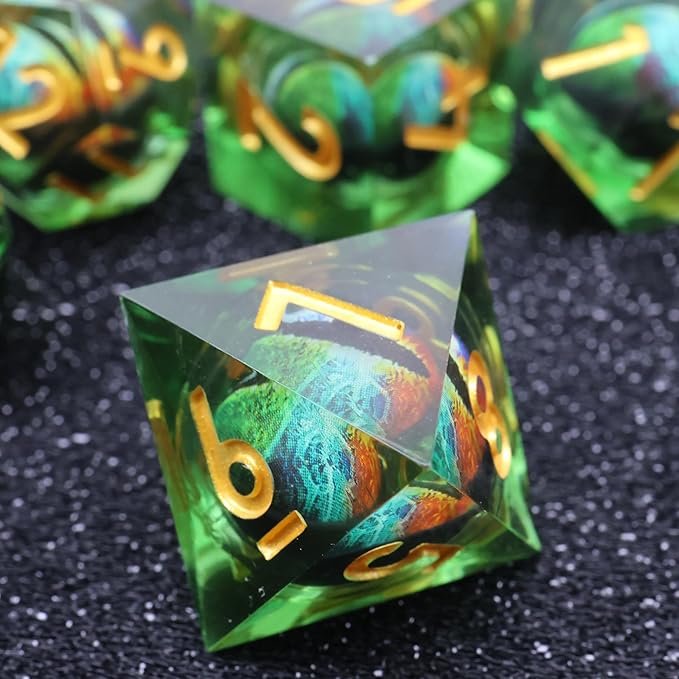 DND Dragon Eye Dice Liquid Core Set 7PCS Handmade Sharp Edge Resin Dice for Dungeons and Dragons Table Games with Gift Case