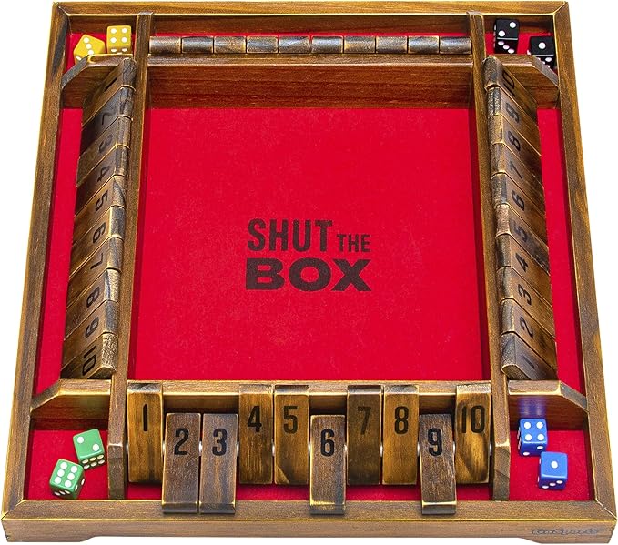 GoSports Shut the Box Premium Wooden Dice Game, Classic 4 Player Family Board Game - 10 Number Rows with Red Felt, Dice and Wood Stain Finish - For Kids and Adults