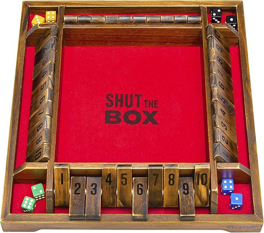 GoSports Shut the Box Premium Wooden Dice Game, Classic 4 Player Family Board Game - 10 Number Rows with Red Felt, Dice and Wood Stain Finish - For Kids and Adults