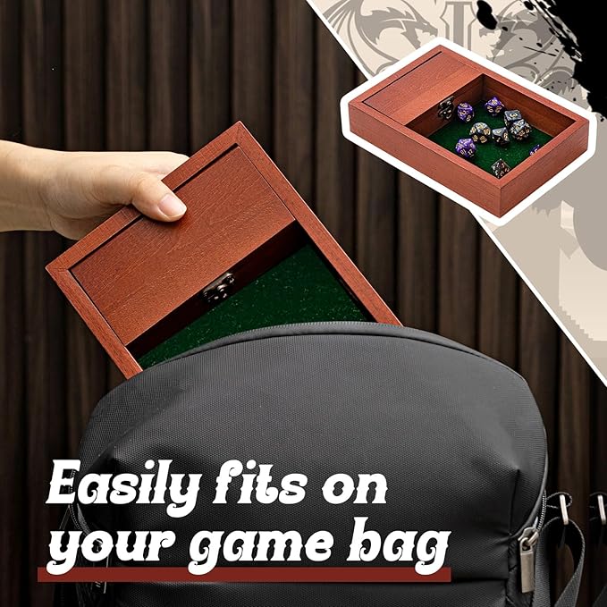 Wooden Dice Tray for Rolling with Storage 5.5 x 8 Inch Box Vault Metal Latch Secures Lid for Travel Tabletop Games, Board Games, Dungeons and Dragons