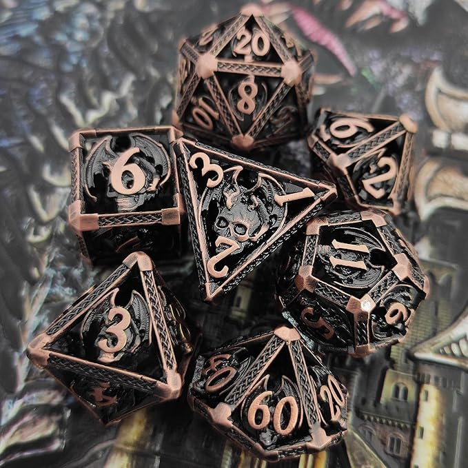 DND Dice Set D&D 7pcs Metal Hollow Dungeons and Dragons Polyhedron with Dice Bag Gift RPG MTG Role Playing Pathfinder Card Table Games D20 D12 D10 D% D8 D6 D4 Accessories-Red Copper