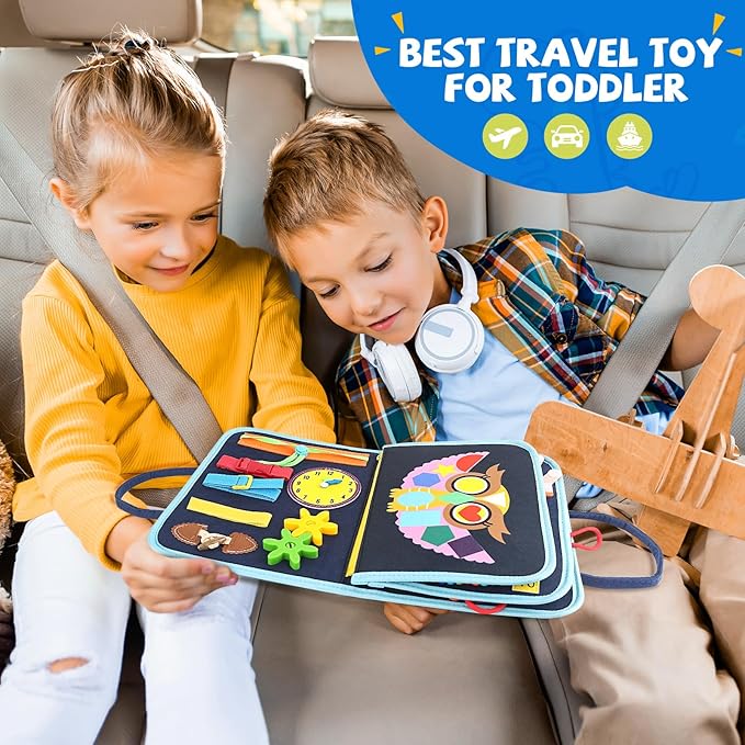 Montessori Busy Board Toys, Sensory Board for Toddlers 1-3, Travel Felt Busy Book for Airplane Car, Activity Busy Mat for Learning Fine Motor Skills Suits Boys Girls Birthday Gifts Blue/P2