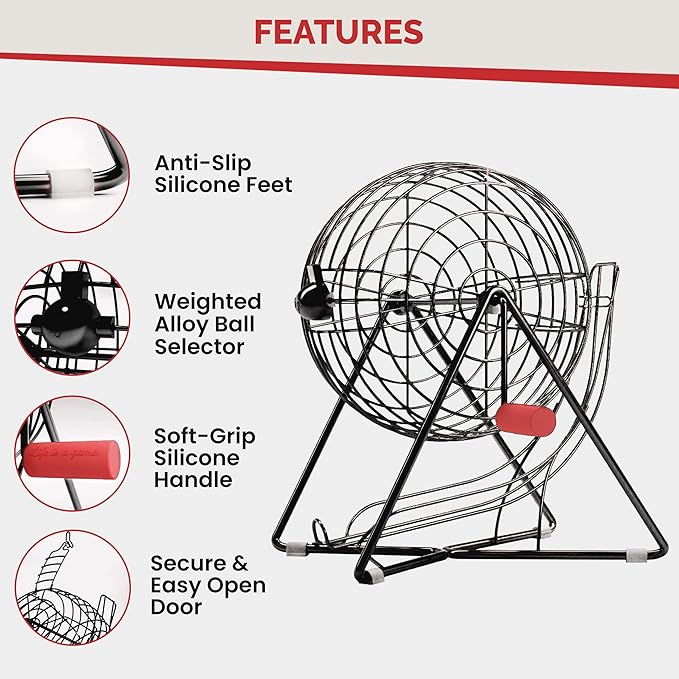 MR CHIPS 11" (Inch) Tall Professional Bingo Set with Steel Cage, Everlasting 7/8” Balls, Master Board for Balls - Mysterious Black Color