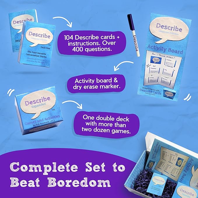 Describe Cards - All The Things Box, Over Two Dozen Games and Learning Activities for Families, Therapy, School, and More. Bundle Includes Deck One & Deck Two Conversation Cards with Activity Board.