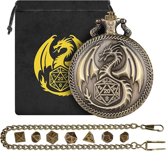 Mini DND Dice Set with Steampunk Dragon Pocket Watch Case, Tiny 7-Piece Polyhedral Metal D&D Dice, DND Gifts with Dragon Logo Gift Bag, Role Playing Game Board Game Accessories Dice, Bronze
