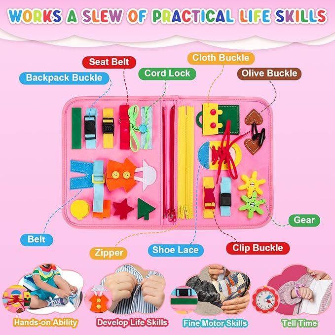 Busy Board Montessori Toys for 1 2 3 4 Year Old Boys & Girls, Sensory Board for Toddlers 1-3, Preschool Activities for Learning Fine Motor Skills, Gifts for Girls Boys, Travel Toys for Airplane Car