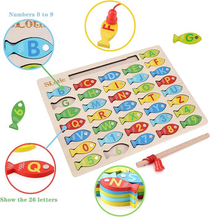 Slotic Magnetic Wooden Fishing Game Toy for Toddlers - Alphabet ABC Fish Catching Counting Learning Education Math Preschool Board Games Toys Gifts for 3 4 5 Years Old Girl Boy Kids