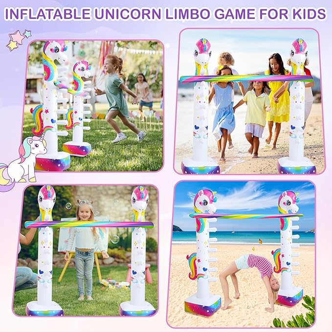 Poen 63 Inch Unicorn Inflatable Limbo Game for Kids Adults Rainbow Unicorn Blow up Limbo Toy for Indoor Outdoor Holiday Girls Boys Fun Birthday Party Decor Carnival Field Day Pool Game