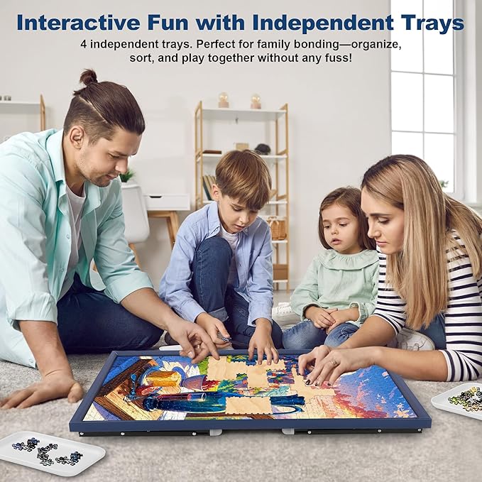 1500 Piece Puzzle Table with Folding Legs, 2 in 1 Tiltable Jigsaw Board, Clear Cover & 4 Independent Trays, Portable Wooden Design with Leather Edging, Perfect for Family Fun & Game Table (26‘’ x 35')