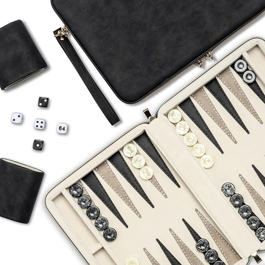 Backgammon Sets for Adults, Classic Board Game with Folding Leather Backgammon Case, Portable Travel Backgammon Game Set (Black)